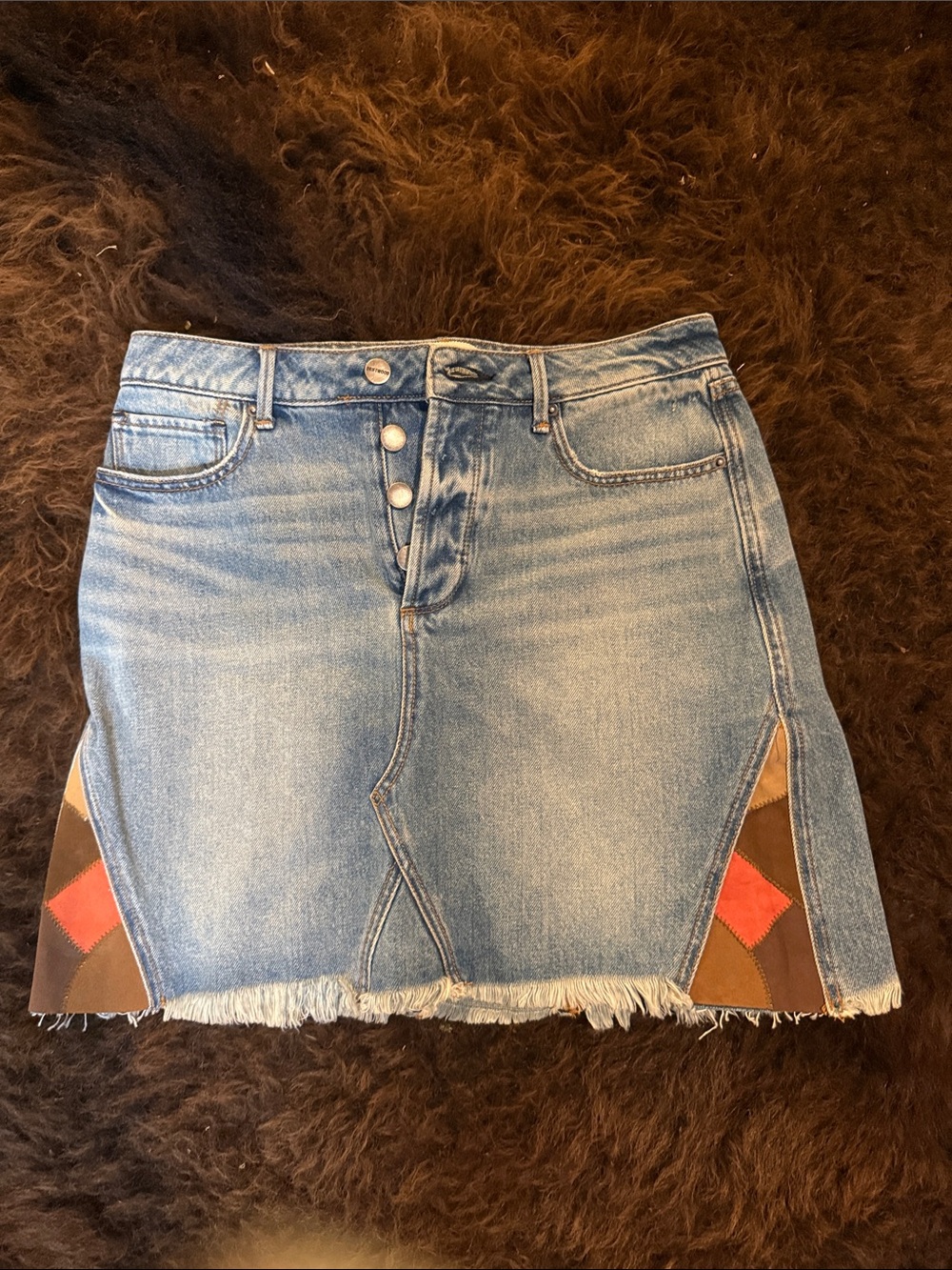 DRIFTWOOD Light Blue Denim Mini Skirt with Brown and Red Side Insets